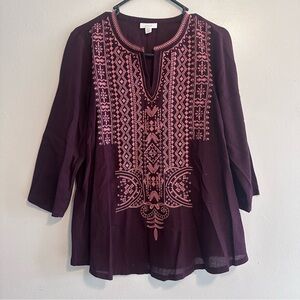 Women's Boho Embroidered Tunic - Pink on Plum